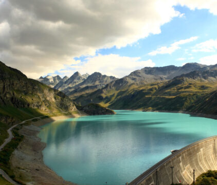Panoramic view of Mountain lake Moiry with Dam, Valais, Switzerl